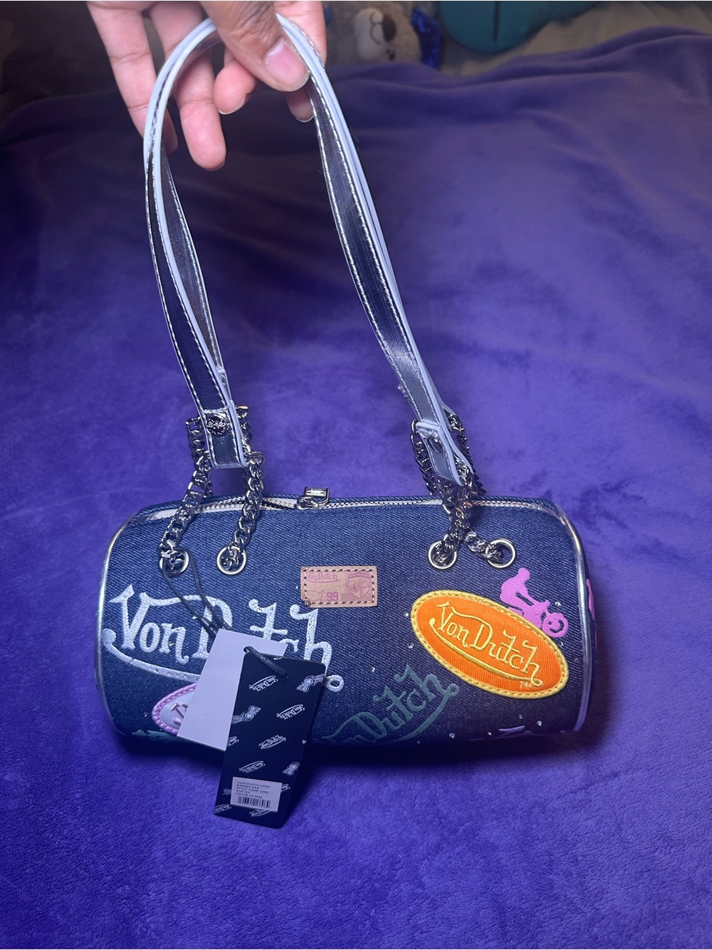 Von Dutch Blue Denim Barrel Shoulder Bag with Patch Accents